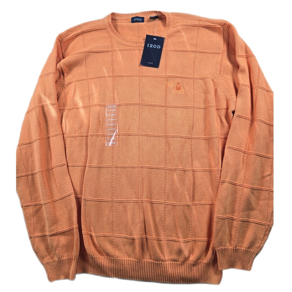 IZOD Crewneck Sweater Mens XL Orange Cotton Textured Grid Knit Halloween NEW